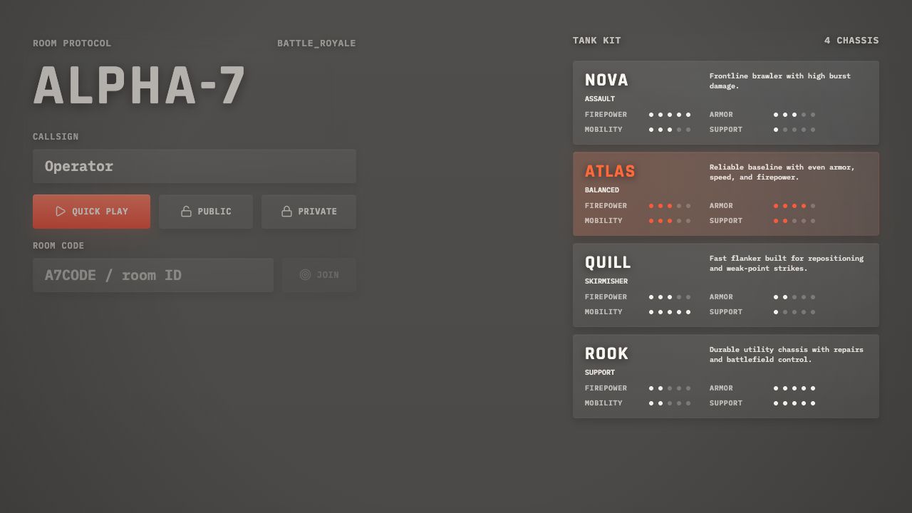 Live Alpha-7 Tanks Arena main menu